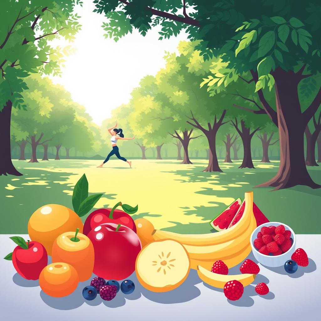A serene and vibrant illustration depicting a healthy lifestyle, featuring a variety of fresh fruits such as apples, bananas, and berries artfully arranged