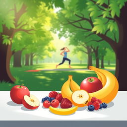 A serene and vibrant illustration depicting a healthy lifestyle, featuring a variety of fresh fruits such as apples, bananas, and berries artfully arranged