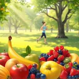 A serene and vibrant illustration depicting a healthy lifestyle, featuring a variety of fresh fruits such as apples, bananas, and berries artfully arranged