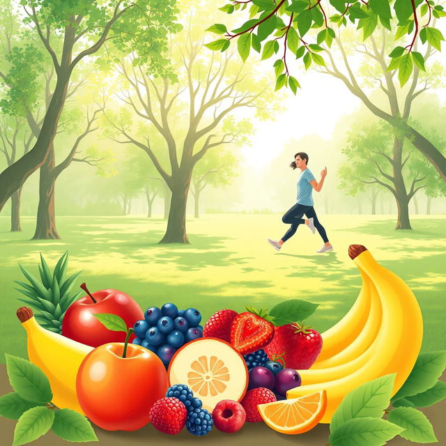 A serene and vibrant illustration depicting a healthy lifestyle, featuring a variety of fresh fruits such as apples, bananas, and berries artfully arranged