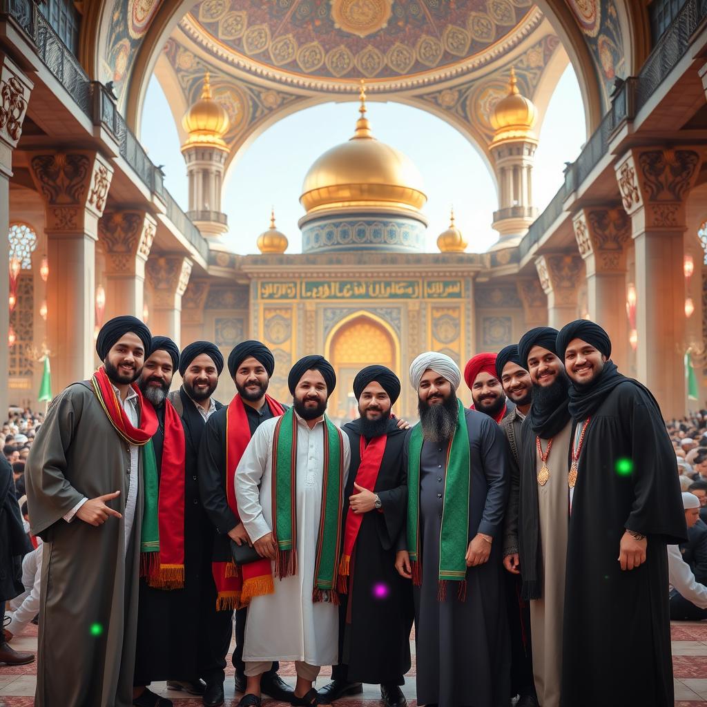 A vibrant and colorful fantasy group photo of 17 Iranian male friends, all being religious graduates