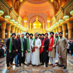 A vibrant and colorful fantasy group photo of 17 Iranian male friends, all being religious graduates