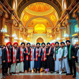 A vibrant and colorful fantasy group photo of 17 Iranian male friends, all being religious graduates
