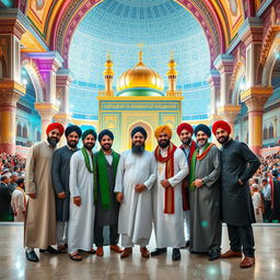 A vibrant and colorful fantasy group photo of 17 Iranian male friends, all being religious graduates