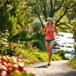 A beautiful scene depicting a healthy lifestyle in nature, featuring a vibrant outdoor atmosphere with lush greenery, colorful fruits like apples and oranges scattered around, and a person jogging along a serene path
