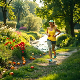 A beautiful scene depicting a healthy lifestyle in nature, featuring a vibrant outdoor atmosphere with lush greenery, colorful fruits like apples and oranges scattered around, and a person jogging along a serene path