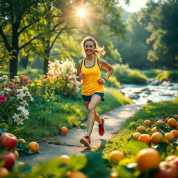 A beautiful scene depicting a healthy lifestyle in nature, featuring a vibrant outdoor atmosphere with lush greenery, colorful fruits like apples and oranges scattered around, and a person jogging along a serene path