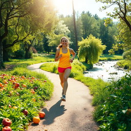 A beautiful scene depicting a healthy lifestyle in nature, featuring a vibrant outdoor atmosphere with lush greenery, colorful fruits like apples and oranges scattered around, and a person jogging along a serene path
