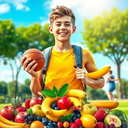 A beautiful image of a teenage boy enjoying a healthy lifestyle, surrounded by vibrant fruits like apples, bananas, and berries, engaging in sports activities such as playing basketball or jogging in a peaceful park