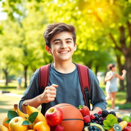 A beautiful image of a teenage boy enjoying a healthy lifestyle, surrounded by vibrant fruits like apples, bananas, and berries, engaging in sports activities such as playing basketball or jogging in a peaceful park