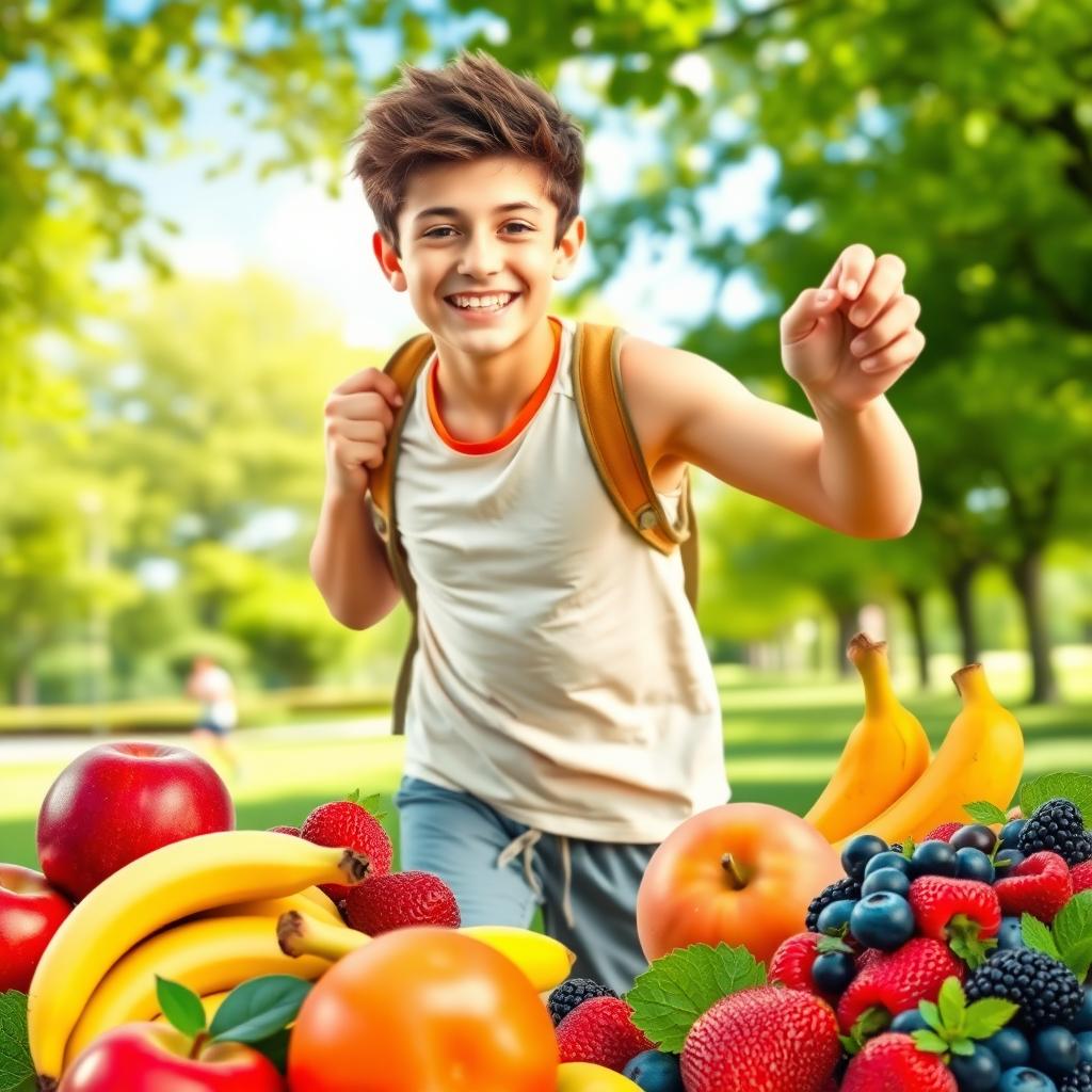 A beautiful image of a teenage boy enjoying a healthy lifestyle, surrounded by vibrant fruits like apples, bananas, and berries, engaging in sports activities such as playing basketball or jogging in a peaceful park