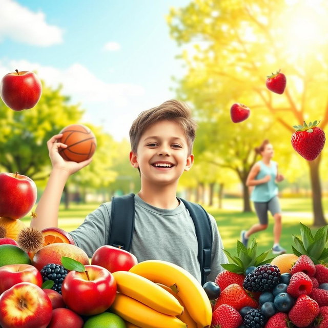 A beautiful image of a teenage boy enjoying a healthy lifestyle, surrounded by vibrant fruits like apples, bananas, and berries, engaging in sports activities such as playing basketball or jogging in a peaceful park