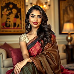 A stunning 30-year-old Indian woman sitting gracefully in a beautifully decorated room