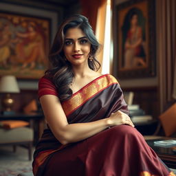 A stunning 30-year-old Indian woman sitting gracefully in a beautifully decorated room