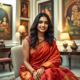 A stunning 30-year-old Indian woman sitting gracefully in a beautifully decorated room