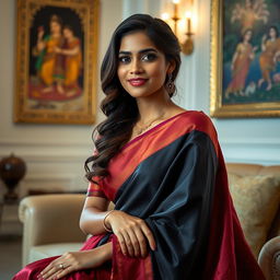 A stunning 30-year-old Indian woman sitting gracefully in a beautifully decorated room