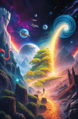 A vibrant multiverse scene showcasing various parallel realities, each with unique landscapes