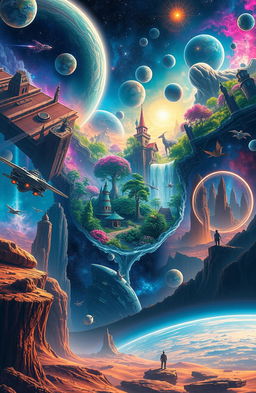 A vibrant multiverse scene showcasing various parallel realities, each with unique landscapes