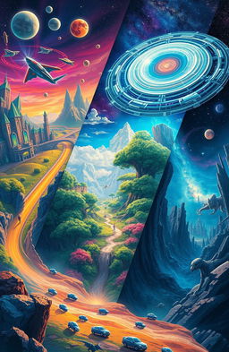 A vibrant multiverse scene showcasing various parallel realities, each with unique landscapes