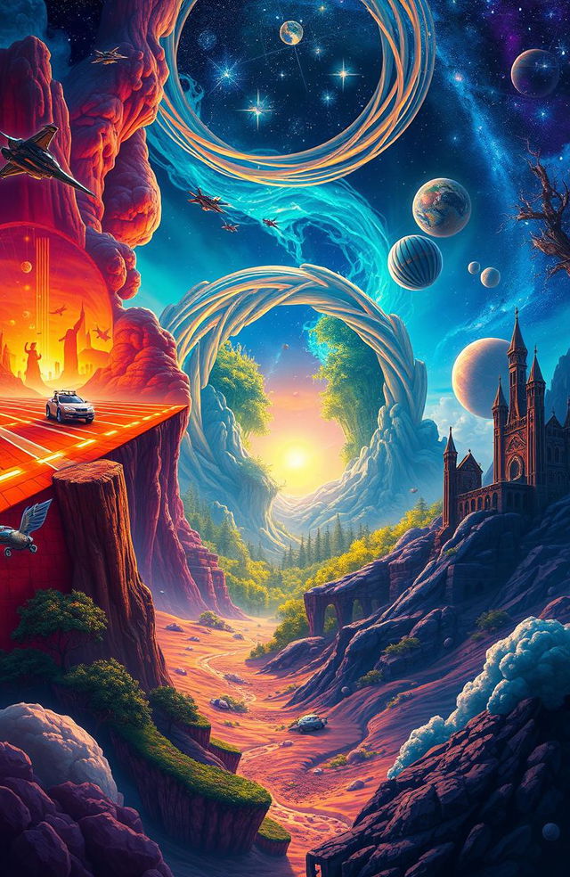 A vibrant multiverse scene showcasing various parallel realities, each with unique landscapes