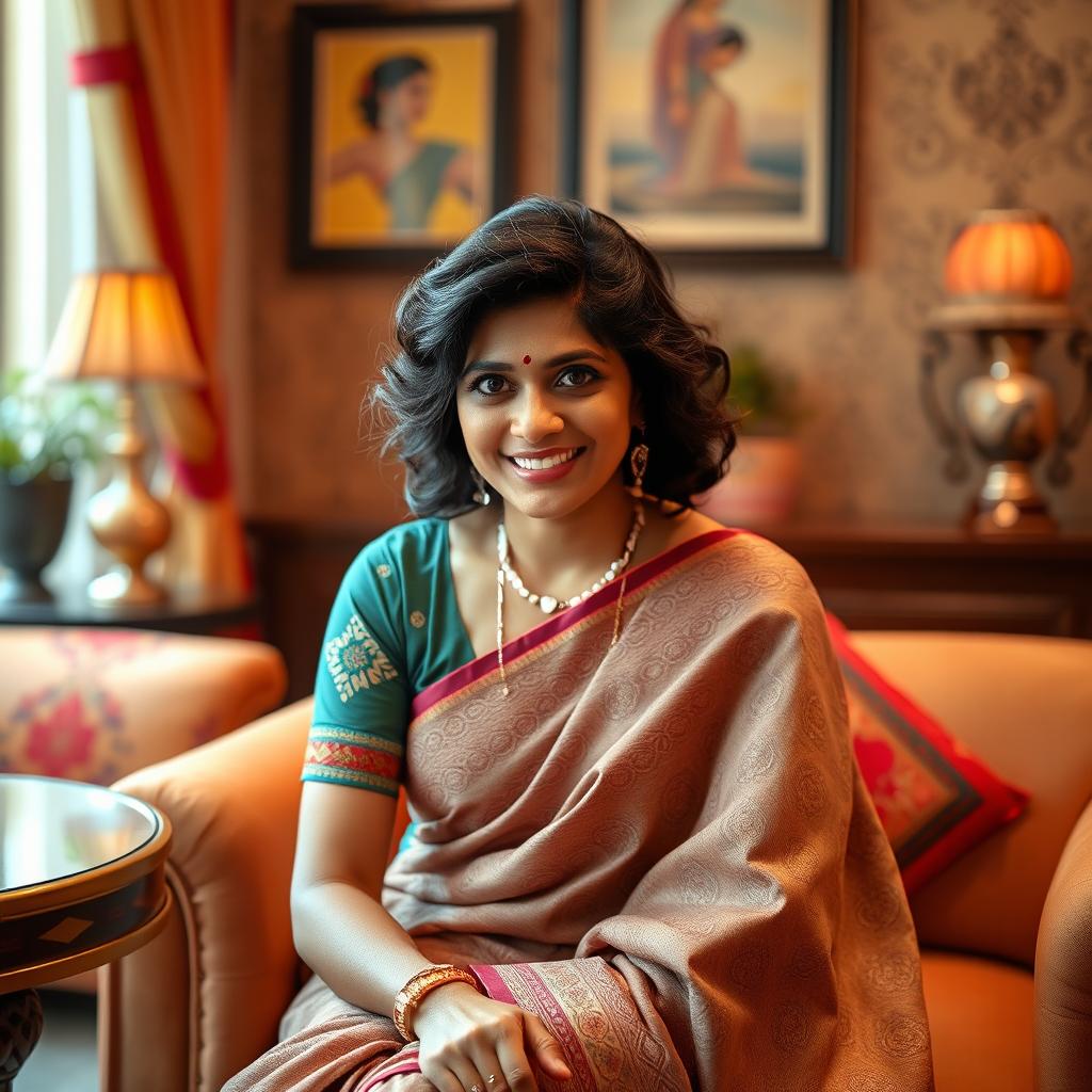A captivating 30-year-old Indian woman sitting elegantly in a tastefully decorated room
