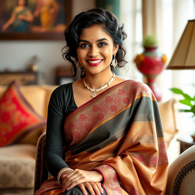 A captivating 30-year-old Indian woman sitting elegantly in a tastefully decorated room