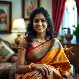 A captivating 30-year-old Indian woman sitting elegantly in a tastefully decorated room