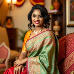 A captivating 30-year-old Indian woman sitting elegantly in a tastefully decorated room