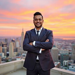 A confident adult standing on a rooftop with a panoramic city skyline in the background