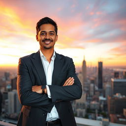 A confident adult standing on a rooftop with a panoramic city skyline in the background