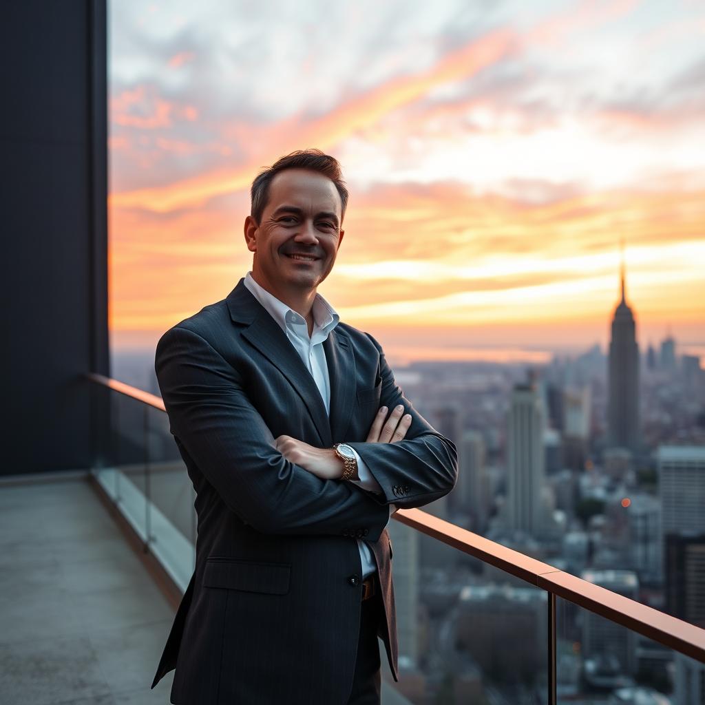 A confident adult standing on a rooftop with a panoramic city skyline in the background