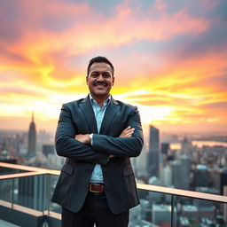 A confident adult standing on a rooftop with a panoramic city skyline in the background