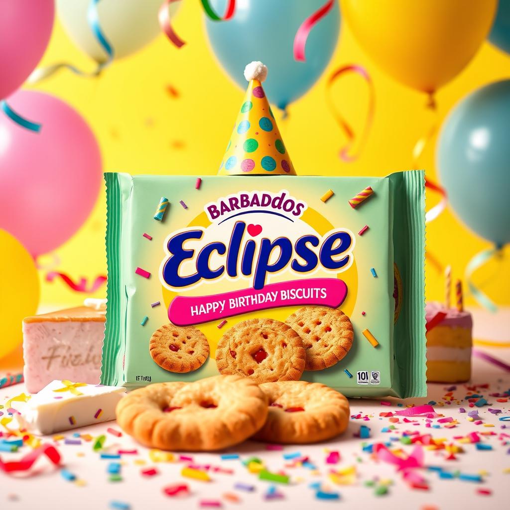 A colorful birthday scene featuring a pack of Barbados Eclipse biscuits with a festive birthday theme