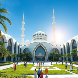 A futuristic mosque design, showcasing a stunning blend of modern architecture and traditional Islamic elements