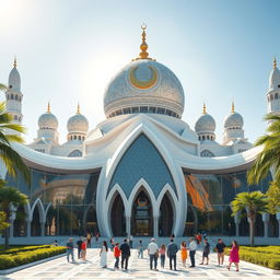 A futuristic mosque design, showcasing a stunning blend of modern architecture and traditional Islamic elements