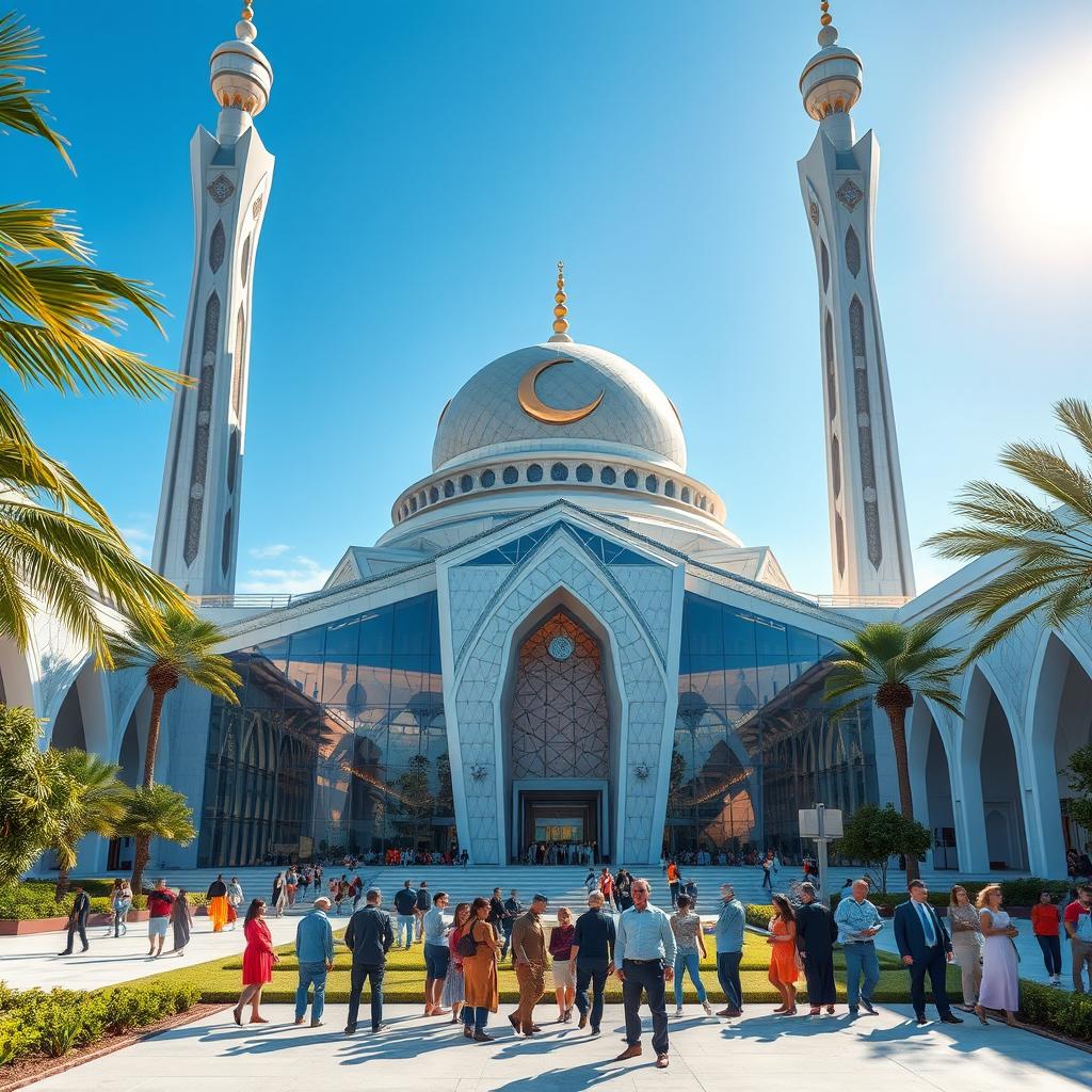 A futuristic mosque design, showcasing a stunning blend of modern architecture and traditional Islamic elements