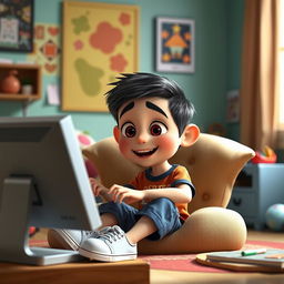 A Pixar style character, specifically a young boy with light skin tone, sitting comfortably in a cozy room while using a computer