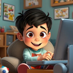 A Pixar style character, specifically a young boy with light skin tone, sitting comfortably in a cozy room while using a computer