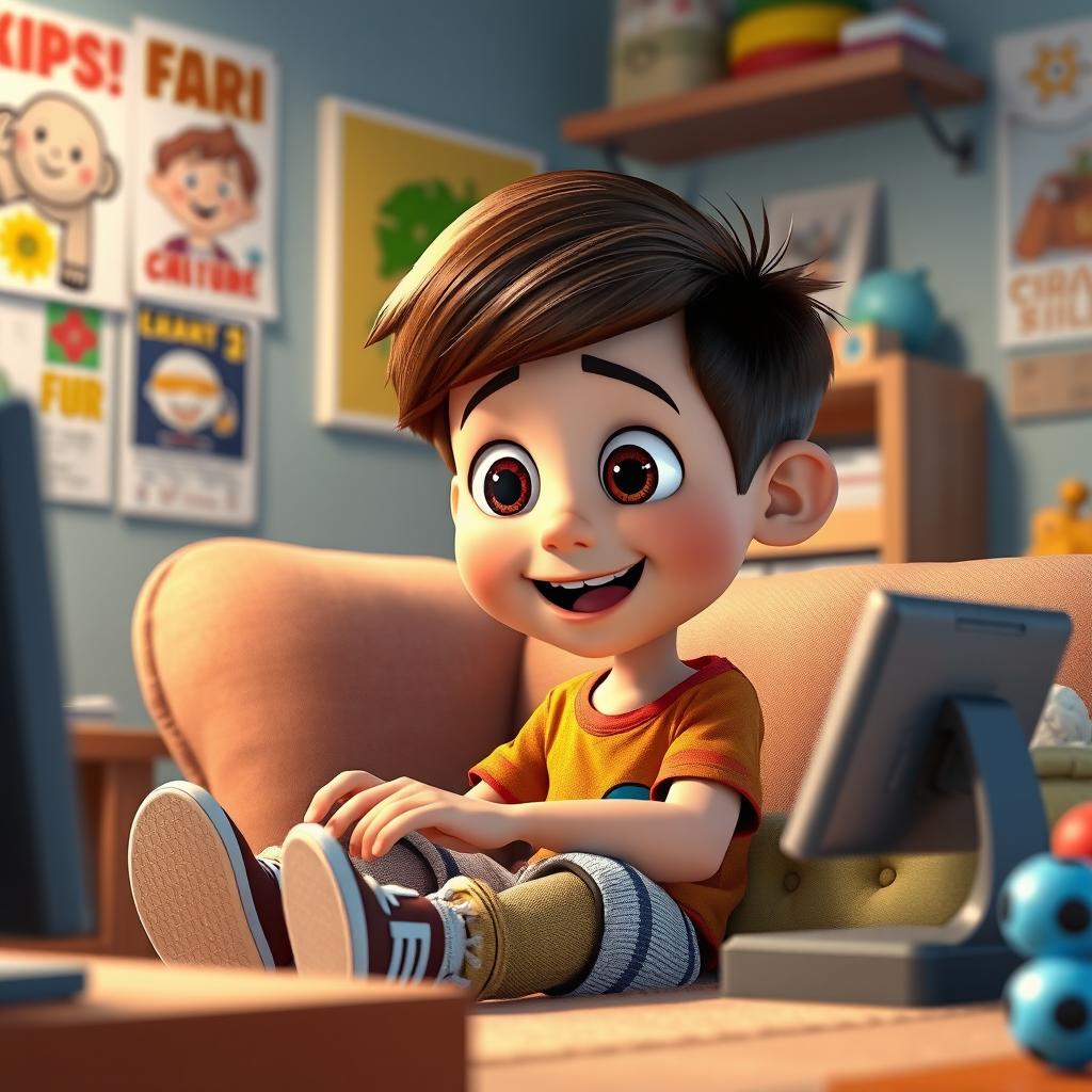 A Pixar style character, specifically a young boy with light skin tone, sitting comfortably in a cozy room while using a computer