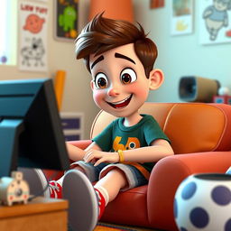A Pixar style character, specifically a young boy with light skin tone, sitting comfortably in a cozy room while using a computer