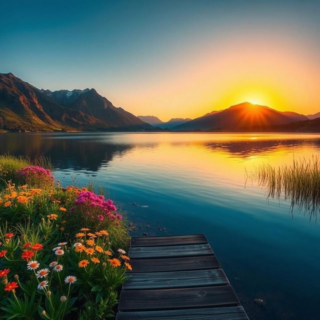 A serene landscape depicting a tranquil lake surrounded by majestic mountains under a clear blue sky