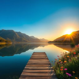 A serene landscape depicting a tranquil lake surrounded by majestic mountains under a clear blue sky