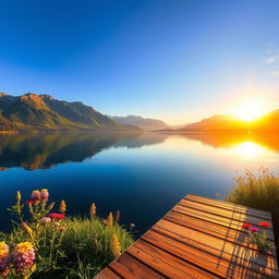 A serene landscape depicting a tranquil lake surrounded by majestic mountains under a clear blue sky