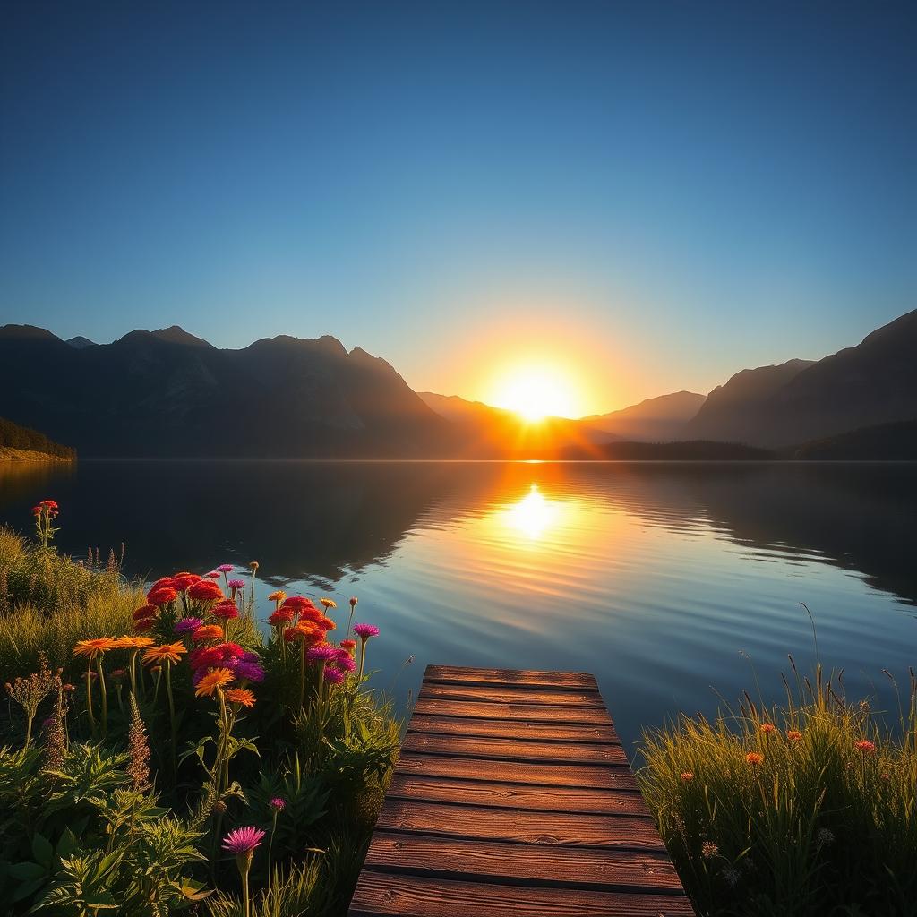 A serene landscape depicting a tranquil lake surrounded by majestic mountains under a clear blue sky