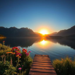 A serene landscape depicting a tranquil lake surrounded by majestic mountains under a clear blue sky