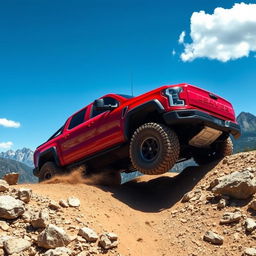 A rugged, off-road pickup truck navigating through a rocky mountain trail