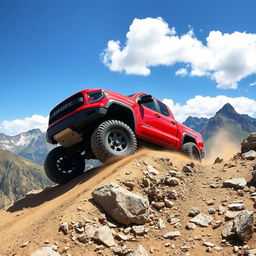 A rugged, off-road pickup truck navigating through a rocky mountain trail