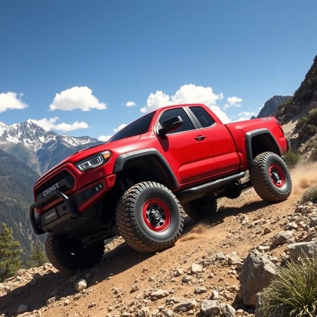 A rugged, off-road pickup truck navigating through a rocky mountain trail
