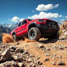 A rugged, off-road pickup truck navigating through a rocky mountain trail