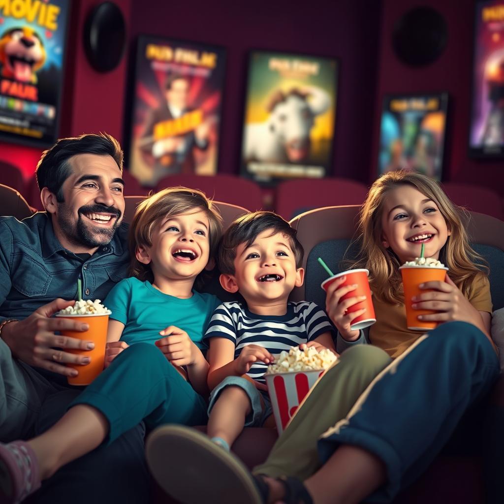 A warm and lively scene depicting a family in a cinema, with children and their parents sitting together, enjoying a film